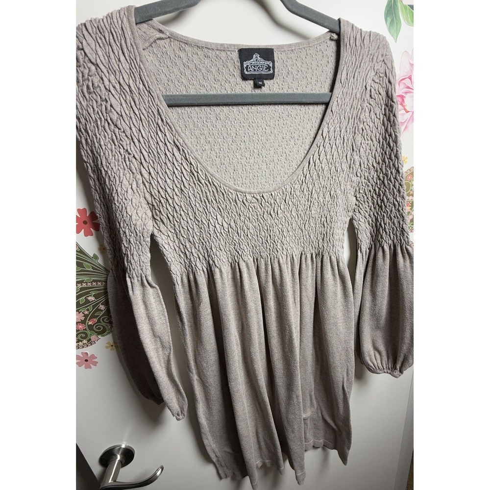Angie  Smocked Babydoll Dress Long Sleeve Taupe Women's‎ M